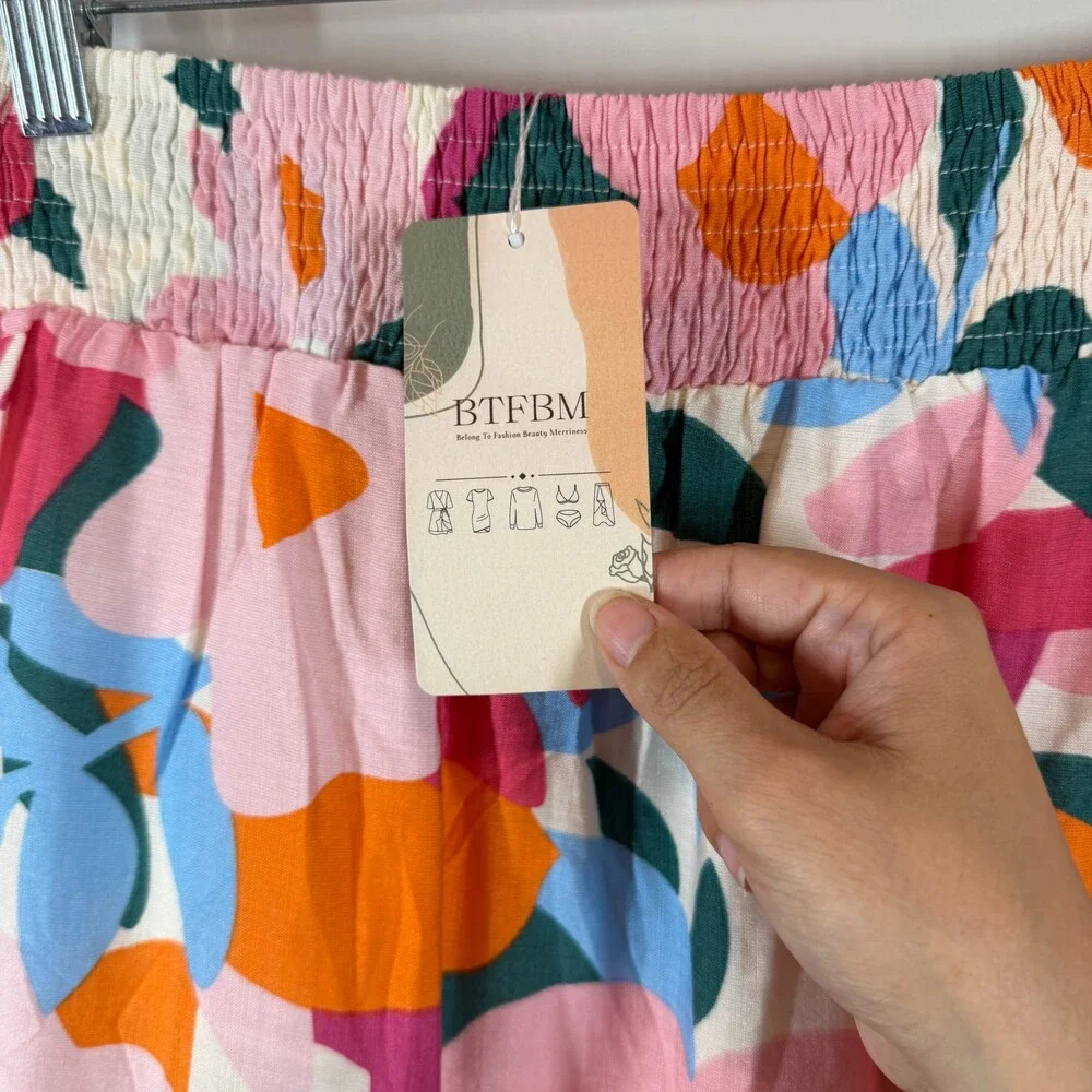 BTFBM Womens Tiered‎ Maxi Skirt Abstract Floral Smocked Waist Pockets Size Large